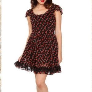 ROYAL BONES BLACK DRESS WITH RED CHERRIES, SIZE MEDIUM